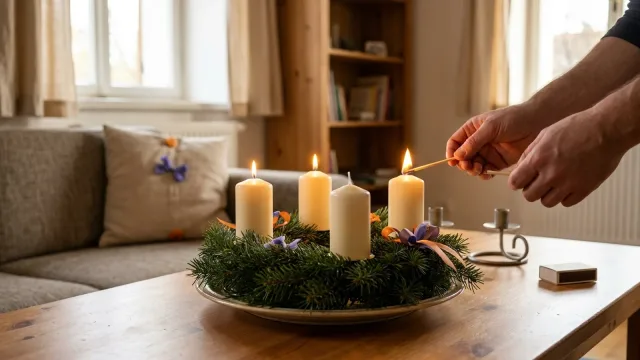 Ruce zapalují svíčku na adventním věnci z jedlového chvojí na konferenčním stolku v obývacím pokoji.