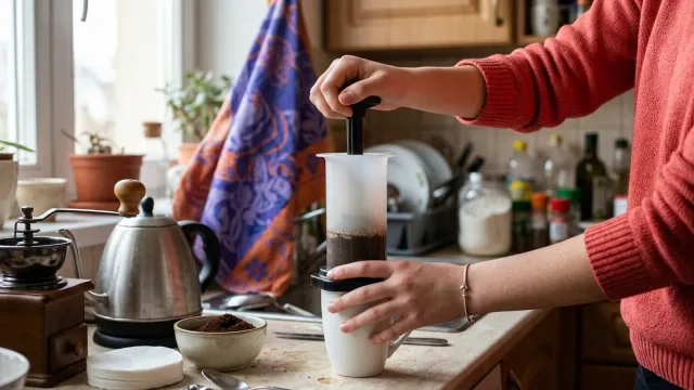 Ruce v korálově červeném svetru stlačují píst aeropressu nad hrnkem na kuchyňské lince