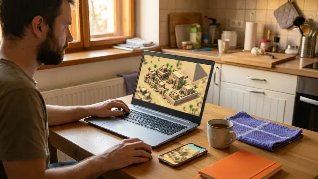 Muž u notebooku na kuchyňském stole rozvíjí město v prohlížečové strategii, vedle leží mobil a hrnek.