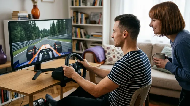 Muž hraje závodní simulátor s herním volantem u monitoru, vedle stojí žena s hrnkem a dívá se na obrazovku.