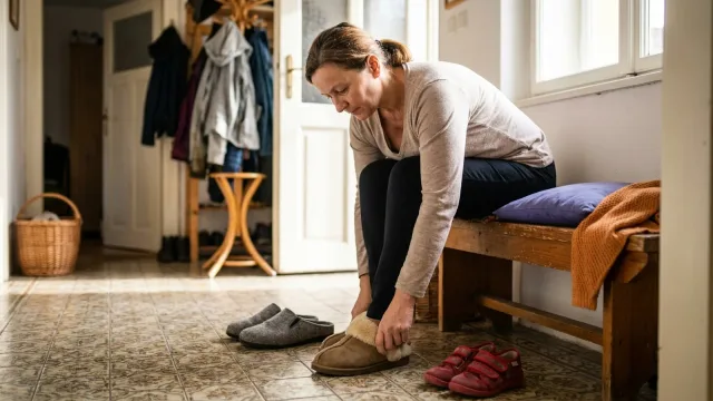 Žena si v předsíni obouvá vlněné bačkory, na dlaždicích vedle stojí pánské filcové papuče a dětské přezůvky.