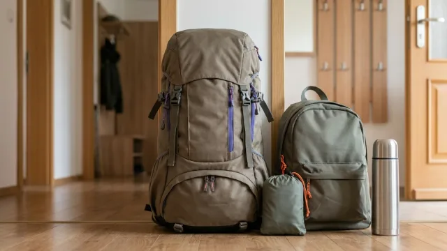Turistický a menší městský batoh stojí v předsíni na dřevěné podlaze, vedle obal na pláštěnku a nerezová termoska