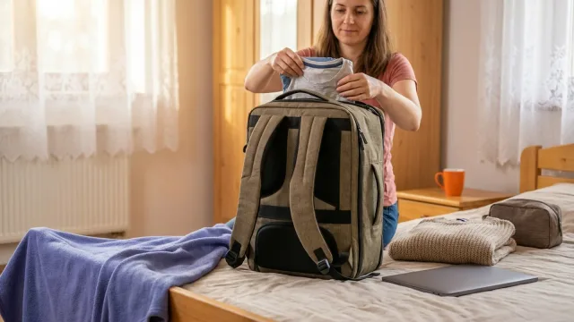 Žena vkládá složené tričko do palubního batohu, který stojí popruhy k divákovi na posteli v ložnici