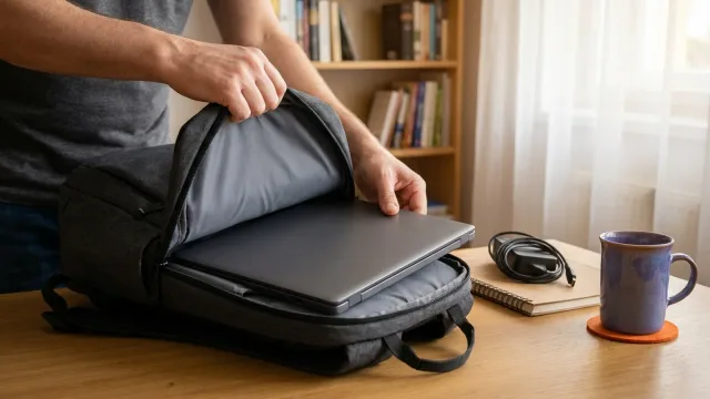 Ruce zasouvají zavřený notebook do polstrované přihrádky šedého městského batohu na dřevěném stole