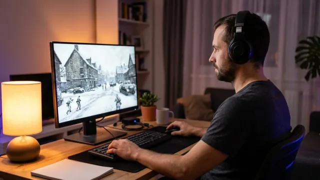 Muž se sluchátky hraje u počítače válečnou hru se zasněženou vesnicí.