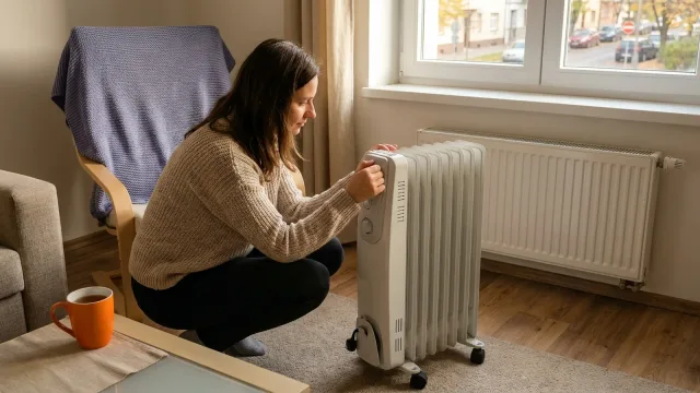 Žena si dřepla k bílému olejovému radiátoru v obývacím pokoji a nastavuje na něm termostat.