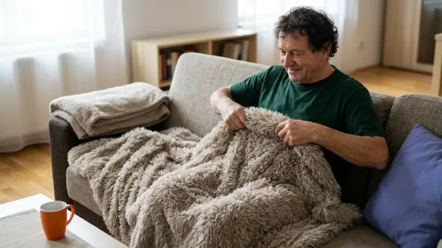 Starší muž na pohovce si přetahuje hustou hřejivou deku přes nohy, na opěrce leží druhá složená deka