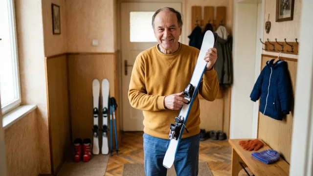 Muž v hořčicovém svetru drží v předsíni krátkou dětskou lyži s vázáním, u zdi stojí druhý pár a dětské boty.
