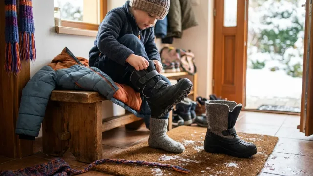 Dítě si v předsíni rodinného domu obouvá zimní sněhuli, druhá sněhule s plstěnou golenkou stojí na rohožce.