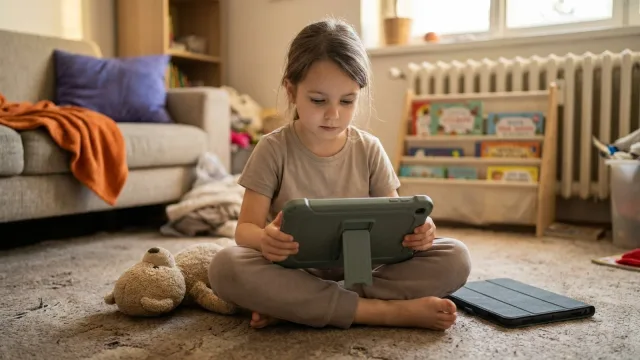 Holčička sedí na koberci v obývacím pokoji a drží tablet v silikonovém pouzdře s vyklápěcím stojánkem