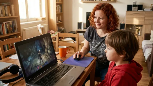 Žena a chlapec u notebooku na jídelním stole, na obrazovce běží fantasy akční hra s postavou v jeskyni.