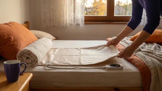 Ruce rozprostírají vyhřívací podložku na matraci, vedle leží srolované prostěradlo a ovladač s kabelem