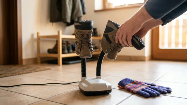 Ruce nasazují turistickou botu na rameno elektrického vysoušeče obuvi v předsíni, vedle leží rukavice