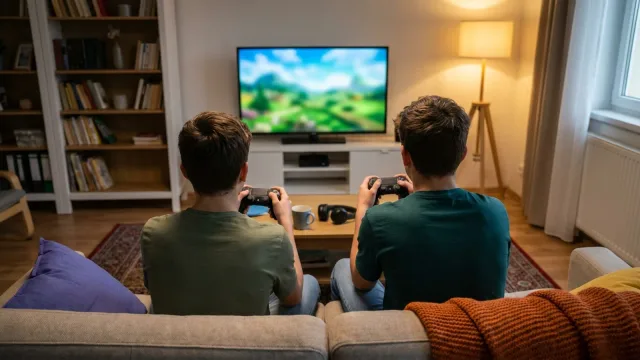 Dva teenageři na pohovce zezadu, v rukou herní ovladače, před nimi televize s barevnou herní krajinou.