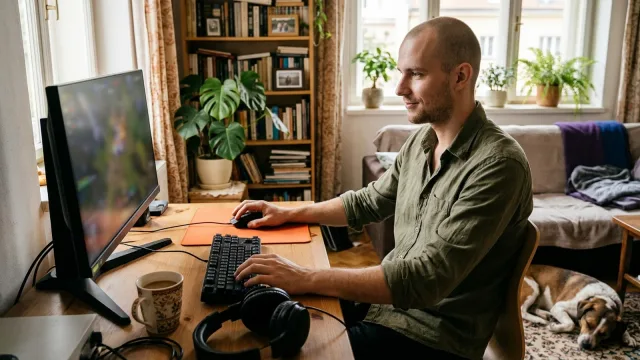 Mladý muž s oholenou hlavou hraje na stolním počítači v obývacím pokoji, u nohou mu leží pes.