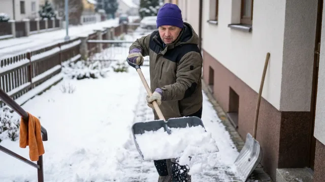 Muž v zimní bundě shrnuje sníh širokým hrablem z chodníku u rodinného domu, u zdi je opřený druhý nástroj na sníh.