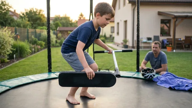 Bosý chlapec na zahradní trampolíně drží koloběžku bez koleček s černou pěnovou deskou, opodál sedí dospělý.