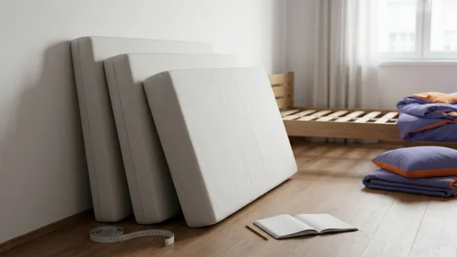 Tři pěnové matrace různé výšky opřené o stěnu ložnice, na podlaze leží svinovací metr, blok a tužka.