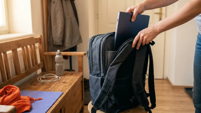 Ruce zasouvají notebook do zadní kapsy městského batohu, který stojí v předsíni u dřevěné lavice