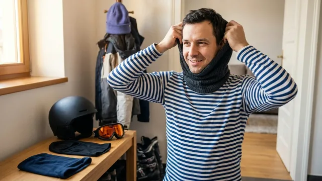 Muž si v předsíni natahuje pletený nákrčník, na lavici leží lyžařská helma a brýle.