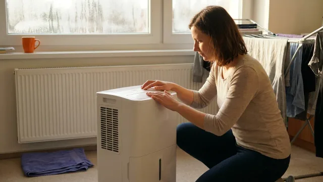 Žena nastavuje odvlhčovač vzduchu na podlaze u zaroseného okna, v pozadí stojí sušák s prádlem.