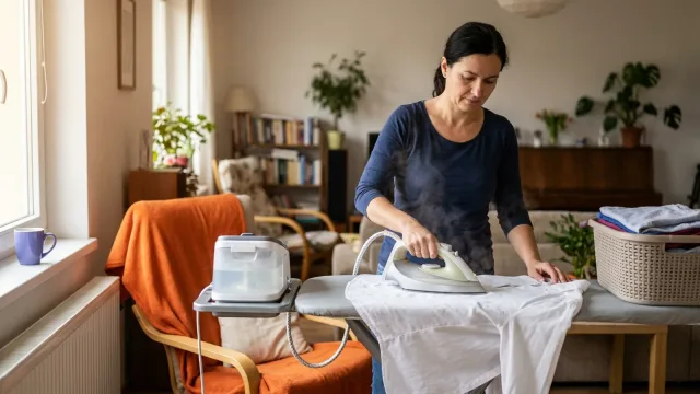 Žena žehlí bílou košili na prkně, vedle něj stojí parní generátor s nádržkou na vodu