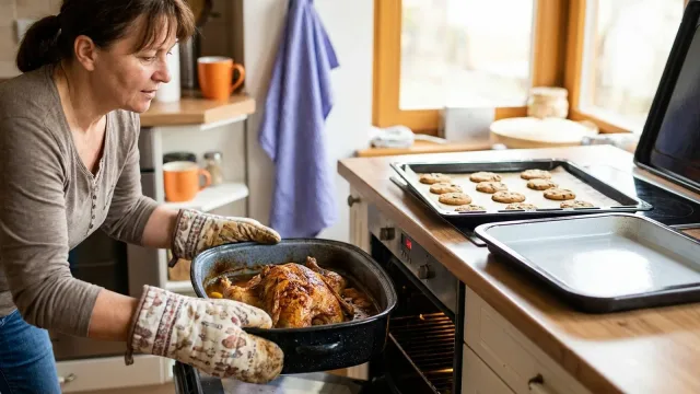 Žena vytahuje z trouby smaltovaný pekáč s pečenou drůbeží, na lince vedle leží plech s cukrovím.
