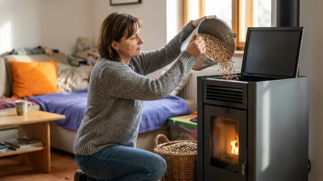 Žena vysypává pelety z plechového kbelíku do otevřeného zásobníku peletových kamen v obývacím pokoji