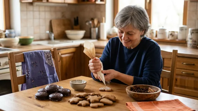 Žena u kuchyňského stolu zdobí perníčky bílou polevou, vedle leží plněné perníky