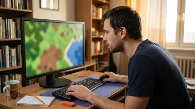Muž hraje budovatelskou hru u stolního počítače v obývacím pokoji, na stole hrnek, blok s poznámkami a tužka.