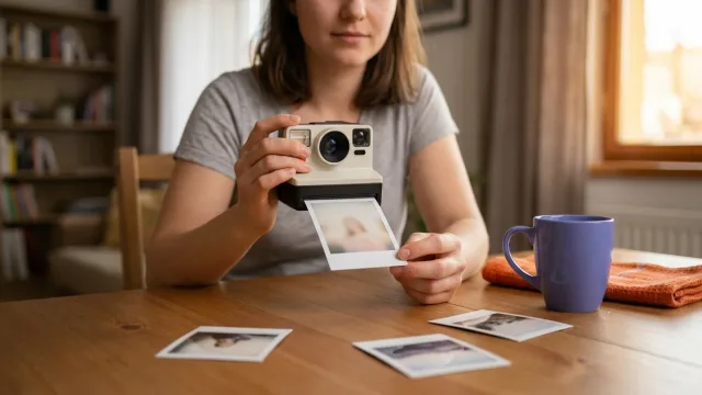 Žena u stolu drží instantní fotoaparát a přidržuje právě vysunutý snímek, vedle leží další fotky s bílým rámečkem.
