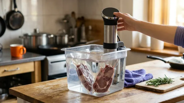 Ruka nastavuje ponorný sous-vide vařič v průhledné nádobě s vodou a dvěma vakuovanými steaky.