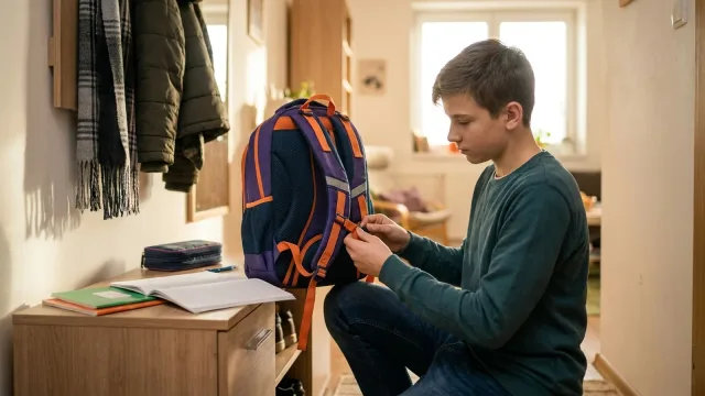 Student v předsíni bytu nastavuje přezku popruhu studentského batohu, vedle na komodě leží sešity a penál.