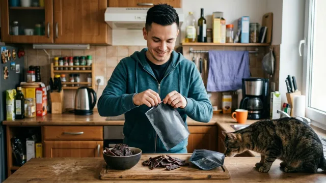 Muž v kuchyni otevírá sáček sušeného masa, na prkénku před ním leží tmavé plátky a čenich k nim natahuje mourovatá kočka