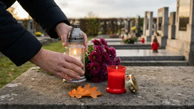 Ruce staví na hrobovou desku skleněnou lucernu s hořící svíčkou, vedle stojí červená svíčka a leží chryzantémy.