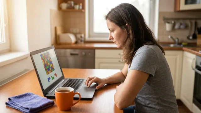 Žena skládá barevné dílky v logické hře na notebooku u kuchyňského stolu s hrnkem čaje.