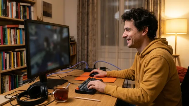 Muž v hořčicové mikině hraje hru na stolním počítači, na stole leží sluchátka a hrnek s čajem.