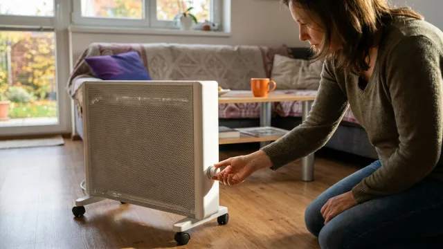 Žena klečí u bílého volně stojícího elektrického topidla na kolečkách a otáčí ovladačem termostatu v obývacím pokoji.