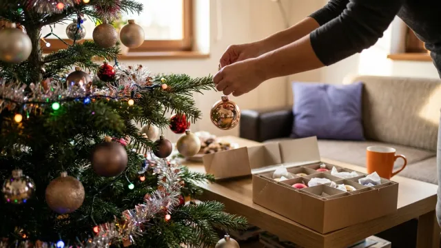 Ruce zavěšují skleněnou vánoční ozdobu na stromek, na stolku vedle leží box s přihrádkami a ozdobami.
