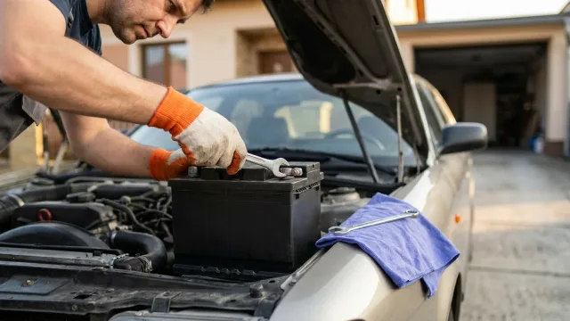 Muž v pracovní rukavici povoluje klíčem svorku autobaterie pod otevřenou kapotou auta.
