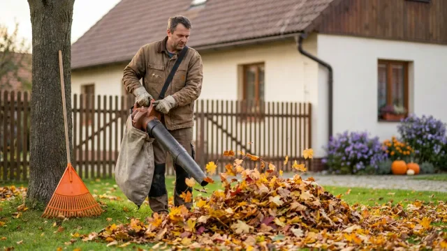 Muž vysává zahradním vysavačem barevné podzimní listí na trávníku před rodinným domem.