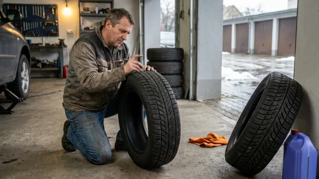 Muž v garáži měří hloubkoměrem dezén zimní pneumatiky, vedle stojí složená sada zimních kol.